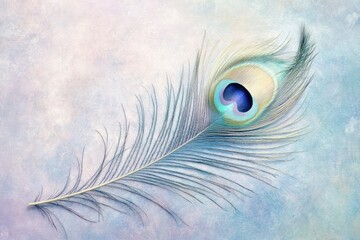 Obraz premium A single iridescent peacock feather rests on a pale blue background
