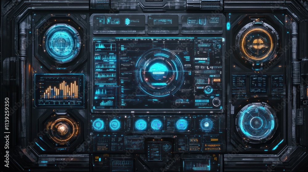 Poster Futuristic digital panel with glowing buttons and graphs.