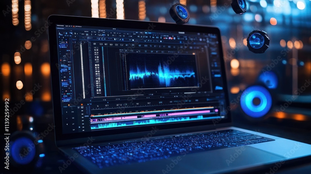 Aufkleber Laptop shows audio editing software with floating abstract glowing orbs.