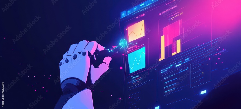 Aufkleber robot hand interacts with data charts, futuristic, neon glow.