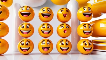 A set of vibrant 3D emoticons, featuring expressive and lifelike designs with smooth, glossy surfaces.