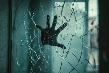 Handprint Shadow on Shattered Glass Pane