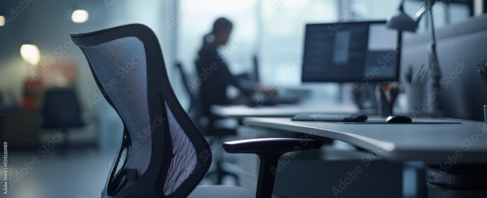 Poster Office setting with empty chair and blurred worker background.
