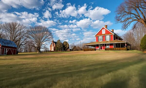Red Farmhouse, Barn, and Outbuilding Under a Cloudy Blue Sky