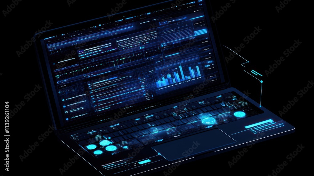 Poster Futuristic laptop with data and graphs on screen.