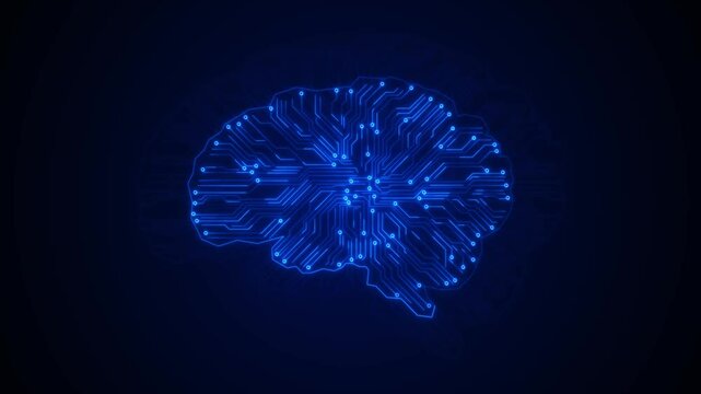 Human interact with AI artificial intelligence brain processor polygon digital brain logo with grid line and ai technology icon rotation on futuristic abstract background concepts machine learning