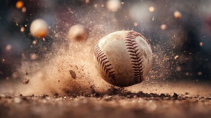 Dusty baseball impacting ground, dirt flying. Perfect for sports, action, and energy themes; evokes excitement.