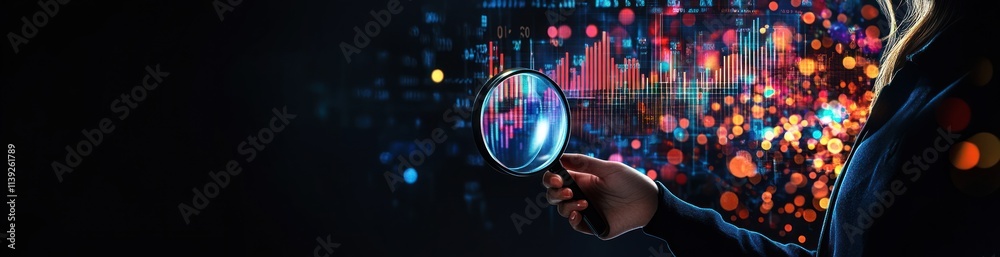 Poster Person with magnifier analyzes data, graphic display with colorfull bokeh..