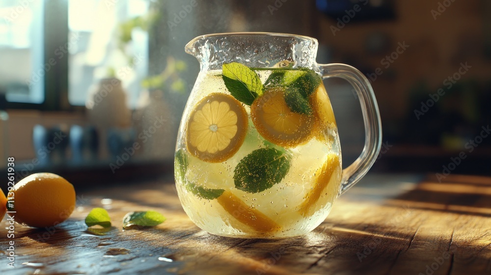 Poster refreshing lemonade in a glass pitcher with lemon and mint.