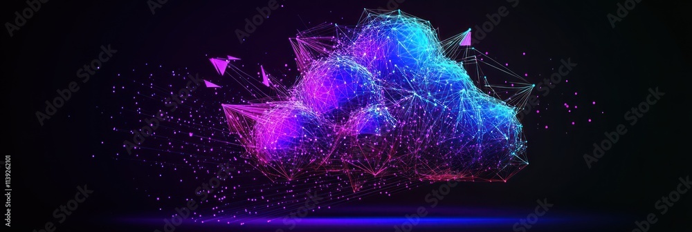Aufkleber Digital cloud network with glowing neon purple and blue nodes and lines.