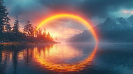 Sunrise halo over calm lake reflecting mountains and trees.