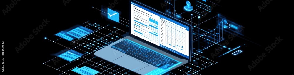Leinwandbilder Laptop with glowing network lines and screen with graph against dark background.