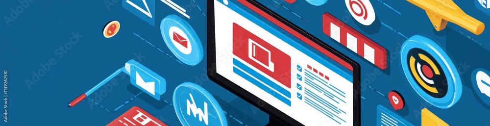 Poster Isometric digital marketing and data analysis with icons and monitor.