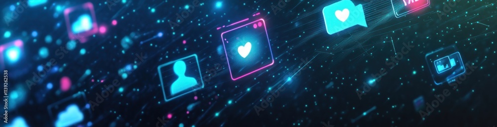 Poster glowing digital social media icons on a dark background with particles.