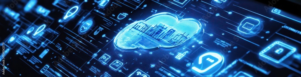 Aufkleber abstract digital cloud and tech icons glowing blue.