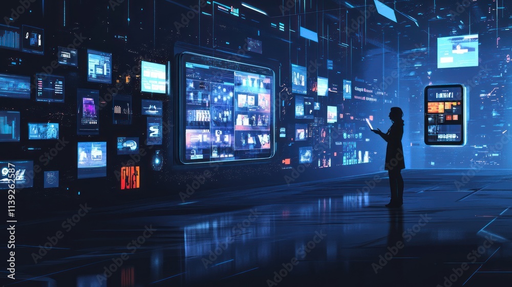 Poster Woman with a tablet viewing many screens showing data.