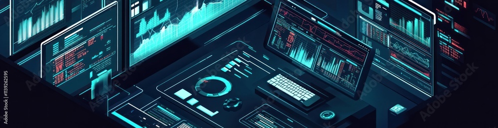Fototapete Isometric futuristic data analysis dashboard with graphs, screens, and keyboard.