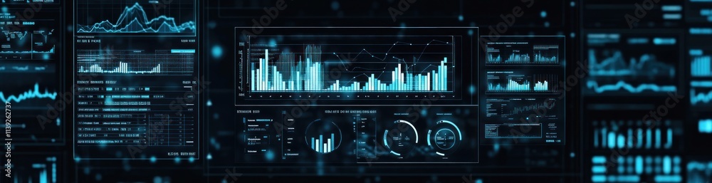 Aufkleber digital dashboard with data, charts, and graphs on a dark background.