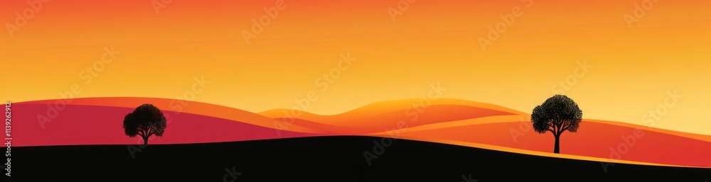 Poster sunset landscape view with two trees and orange sky.