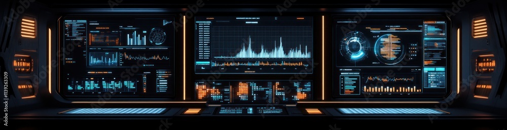 Leinwandbilder futuristic cockpit interface with data, maps, charts, and graphs on multiple screens.