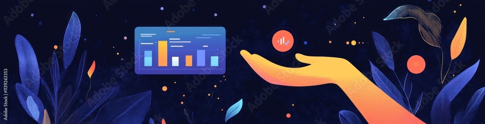 Poster graph in space held by gradient hand, leaves and stars abound.