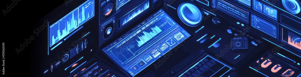 Poster blue futuristic panel display, with graphs and buttons.