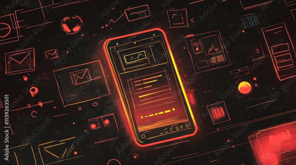 Aufkleber Mobile phone displaying data graphs surrounded by sketch interface icons.