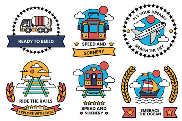 Set of illustrations in the concept of vehicles and travel in line illustration style