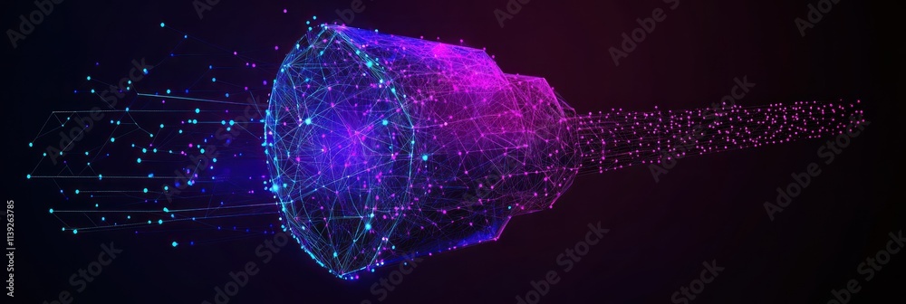 Poster Abstract geometric data flow; magenta and cyan points, lines, polygons, deep space.