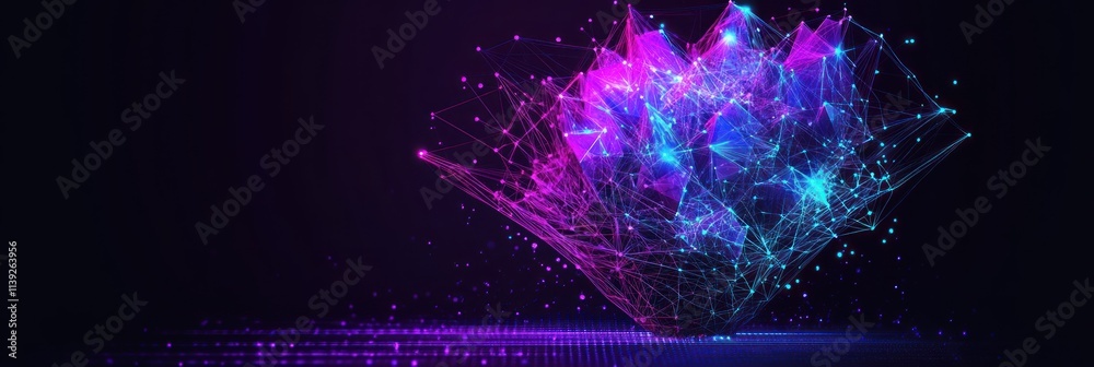 Poster abstract polygonal structure in purple and blue with dotted grid background.
