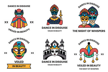 Set of illustrations in the concept of masks and parties in line illustration style