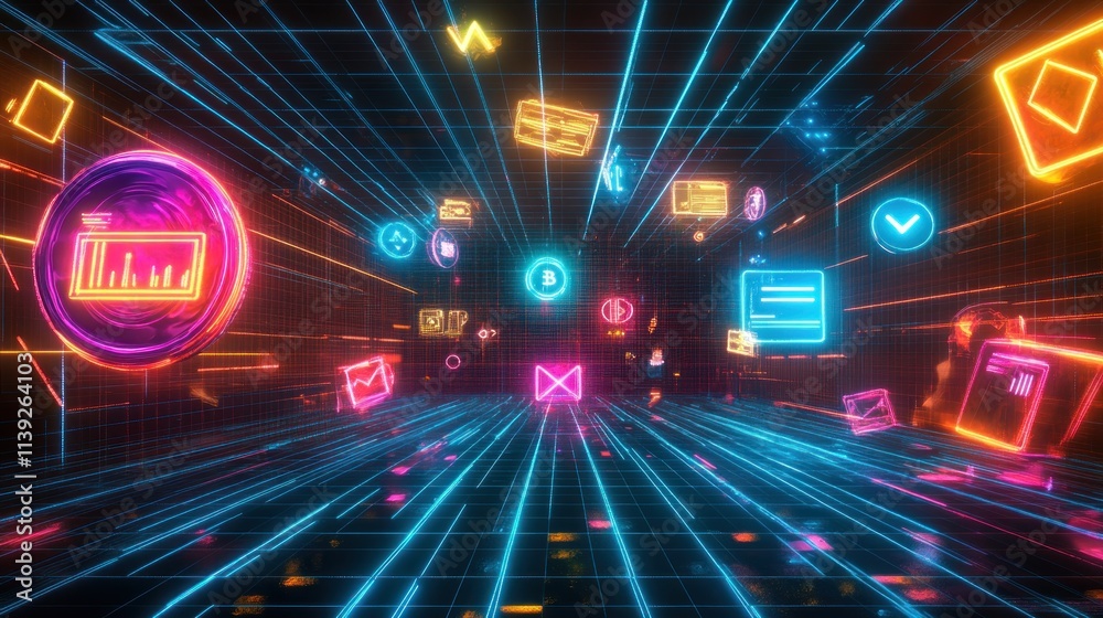 Poster glowing icons fly through abstract digital cyberspace background.