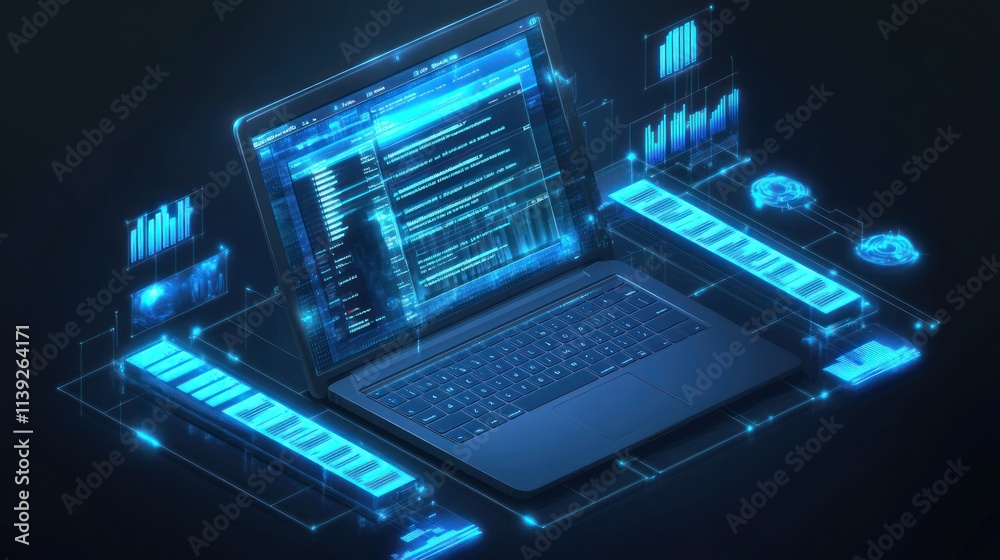 Poster laptop displays data, glowing charts, and code.