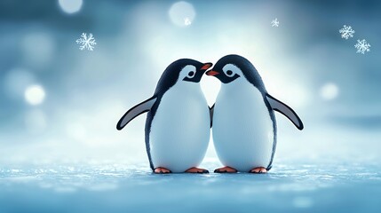 Obraz premium Two penguins standing on an icy surface, leaning into each other with their heads tilted, surrounded by soft glowing snowflakes