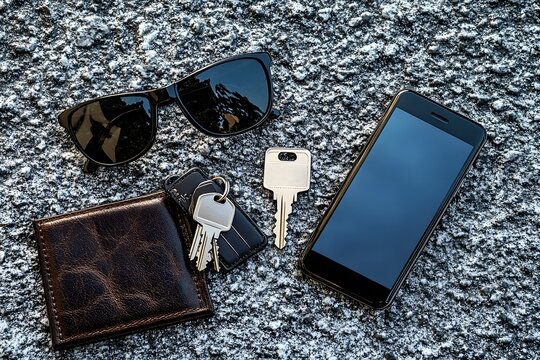 Stylish Accessories Laid on Snowy Surface Featuring Sunglasses, Wallet, Smartphone, Keys, and Keychain Ideal for Lifestyle, Winter, Travel, and Fashion Photography