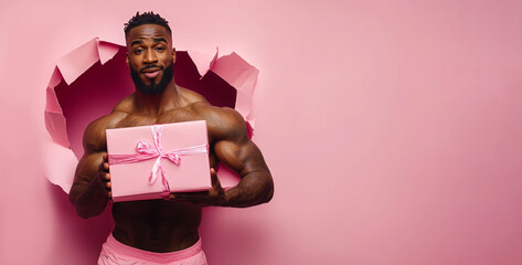 A muscular young african american man emerges from a ripped pink paper background, holding a gift box. Fun greeting card for Valentine's Day. Romantic banner.