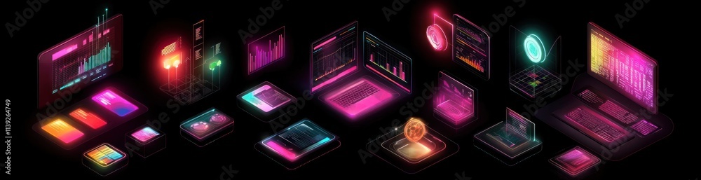 Poster Glowing isometric screens display data in dark background.