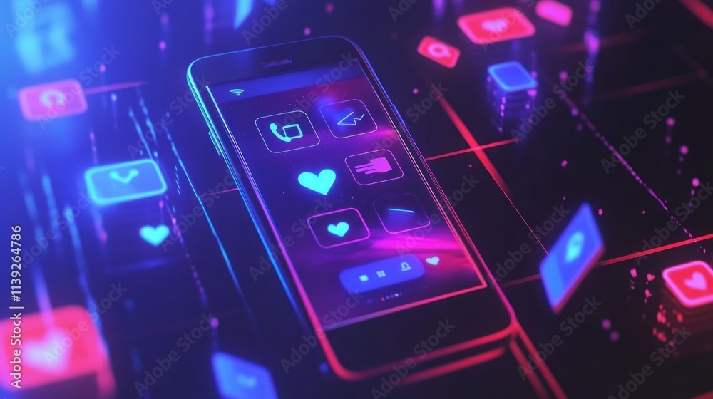 Poster Glowing phone displays social app icons with floating shapes.