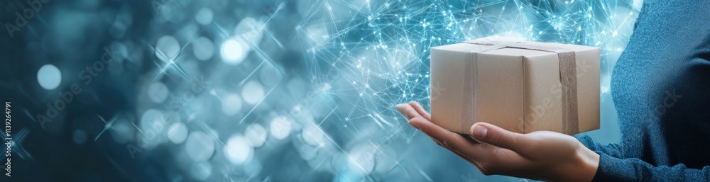Poster hands holding box with glowing network background.