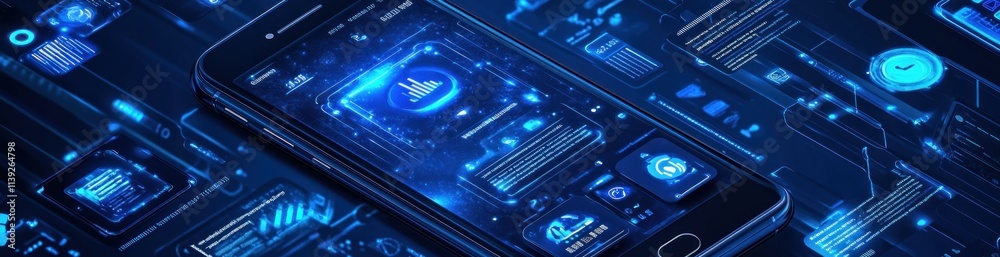 Poster blue digital phone with circuitry, high-tech interface.