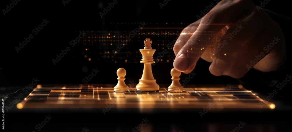 Poster hand moving pawn in chess game on digital glowing board.