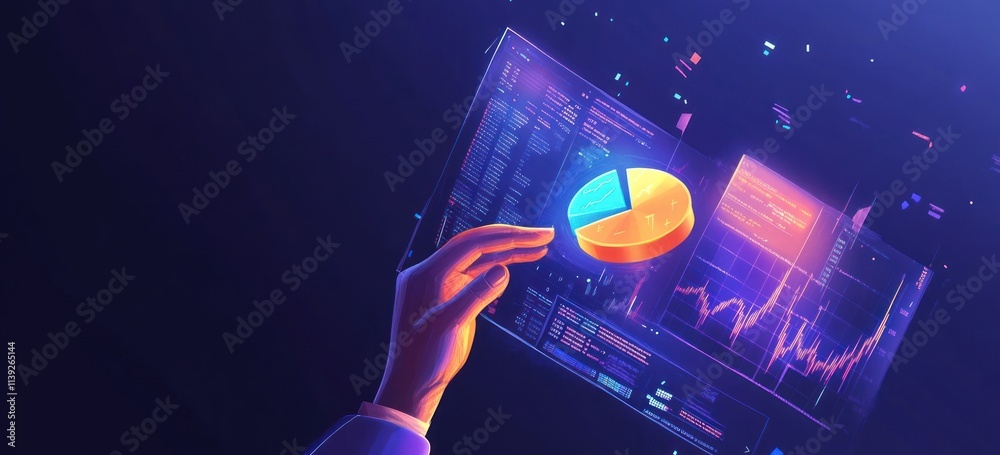 Poster digital hand manipulates glowing charts in data analysis.