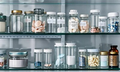 An Organized Medicine Cabinet Displaying an Assortment of Pills, Tablets, and Powders in Various Clear Containers