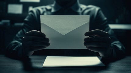 Naklejka premium Distressed man sitting at desk holding letter symbolizing layoff notice, reflecting emotional response to job loss in professional office setting.