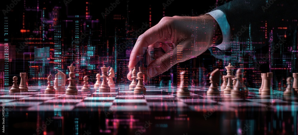 Poster hand moves chess piece on chessboard with digital overlay.