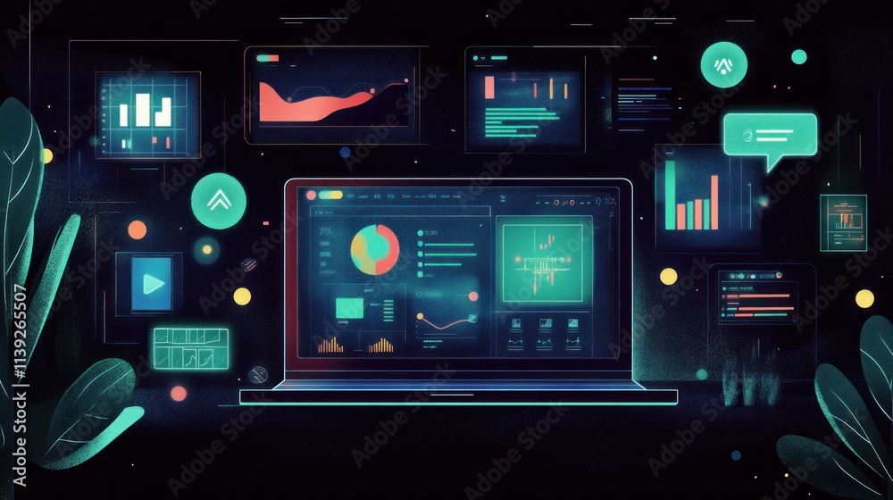 Poster Digital dashboard on a laptop with various graphs, data, and information.