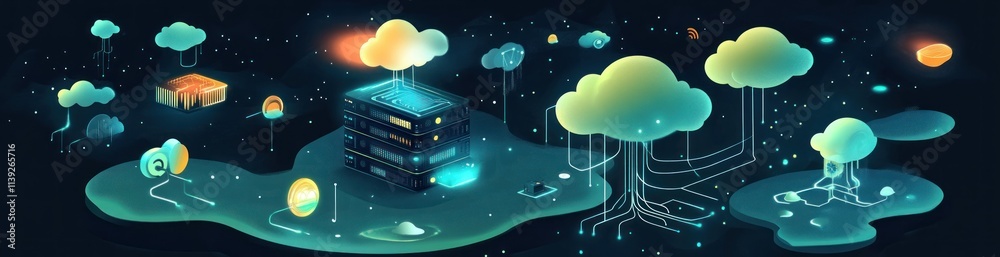Poster Digital clouds connect to servers, data transferring in a flat design.
