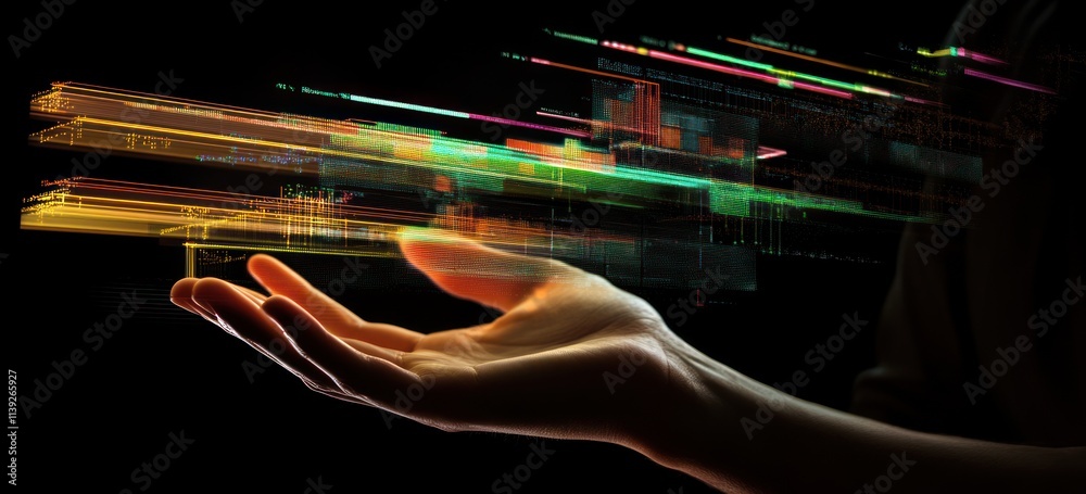 Aufkleber Hand holds glowing data blocks.
