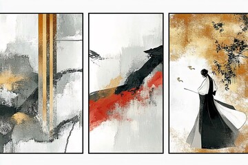 Abstract Triptych Painting Gold and Grey Tones Woman Figure