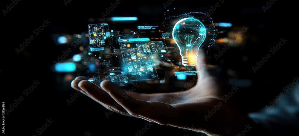 Aufkleber hand holding digital lightbulb with futuristic interface over dark background.